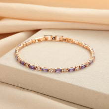 Load image into Gallery viewer, Elegant Purple Crystal Rose Gold Tennis Bracelet – Dainty Baguette Cut Zirconia Chain