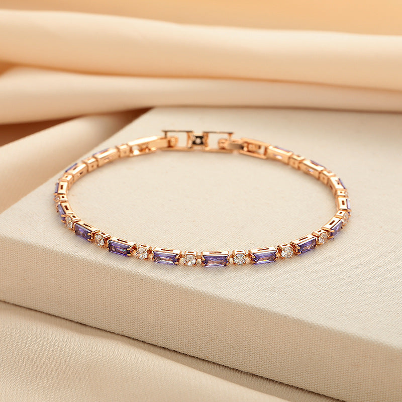 Elegant Purple Crystal Rose Gold Tennis Bracelet – Dainty Baguette Cut Zirconia Chain